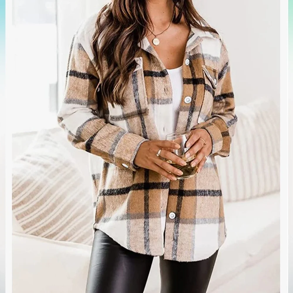 Womens Plaid Long Sleeve Lapel Button Short Pocketed Flannel Shackets Overshirt - Picture 1 of 14